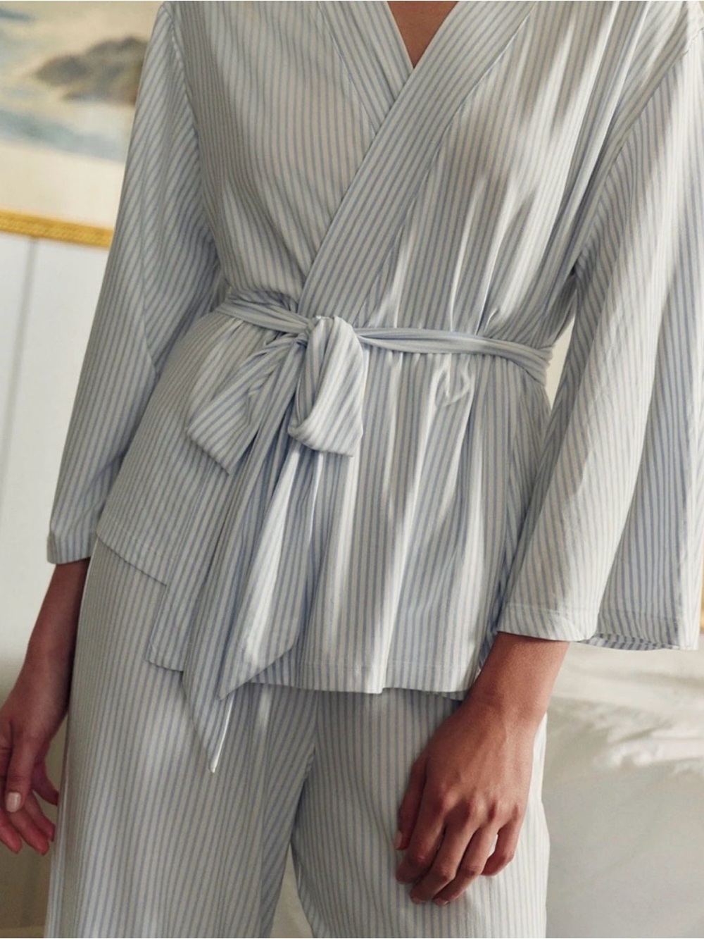 LAKE Striped Light Blue Kimono Pajama Set with Tie-Waist XS - Picture 2 of 9